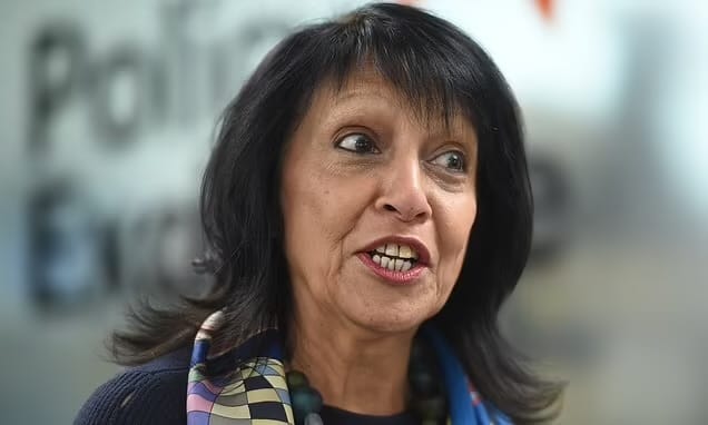 Kishwer Falkner, a South Asian woman with shoulder length hair talking at an event